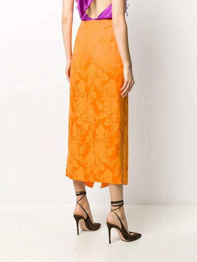 Attico Tie-detailed Draped Satin-jacquard Midi Skirt In Orange