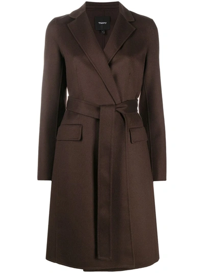 Shop Theory Tie-waist Long-sleeved Coat In Brown