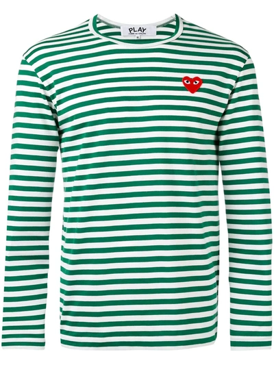 Shop Comme Des Garçons Play Striped Heart Embellished Top In Green