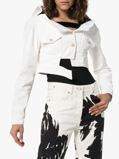 Shop Marni Deconstructed Asymmetric Cropped Denim Jacket In White