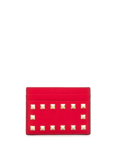 Shop Valentino Rockstud Leather Cardholder In Red