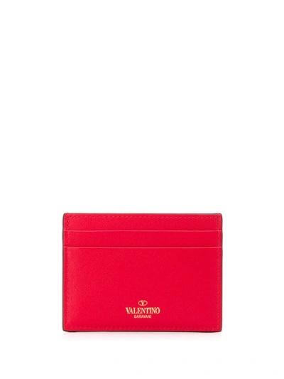 Shop Valentino Rockstud Leather Cardholder In Red