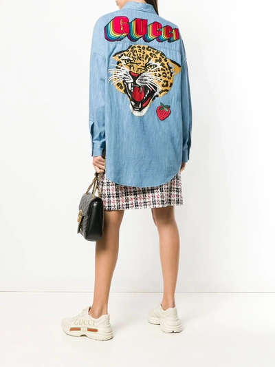 Shop Gucci Tiger Face Logo Denim Shirt In Blue