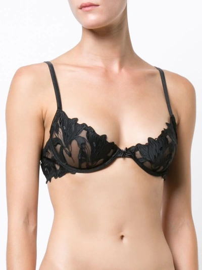 Fleur Du Mal Black Lily Embroidery Plunge Demi Bra In 0100 Black