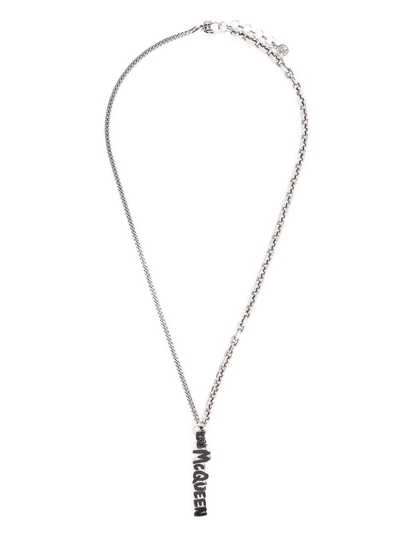 Shop Alexander Mcqueen Logo-plaque Chain Necklace In Silver