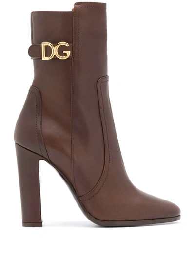 Shop Dolce & Gabbana Logo-plaque 110mm Calf-length Boots In Brown