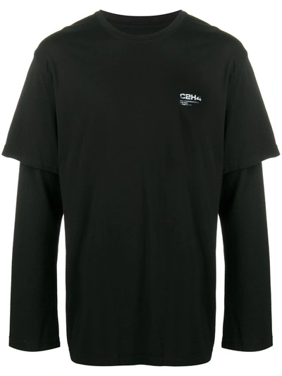 C2h4 Double Layer Long-sleeve Cotton T-shirt In Black
