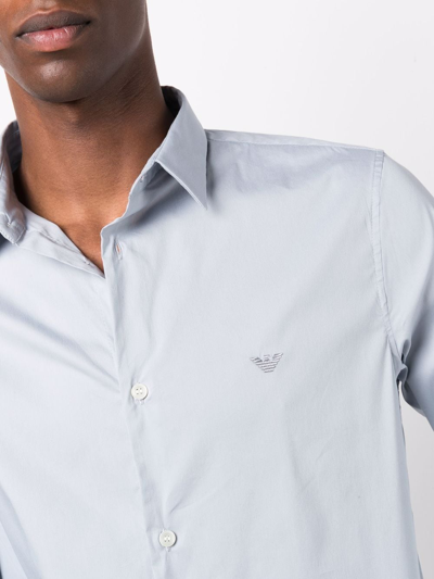 Emporio Armani Logo Cotton Shirt With Button Cuffs In Blau