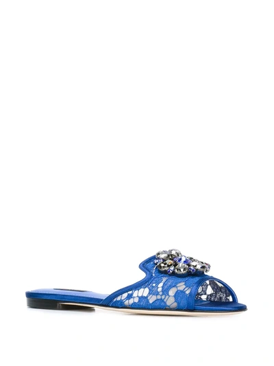 Dolce & Gabbana Embellished Corded Lace And Lizard-effect Leather Slides In Blue