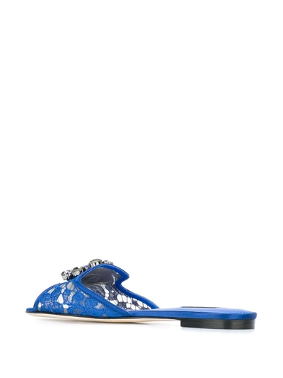 Dolce & Gabbana Embellished Corded Lace And Lizard-effect Leather Slides In Blue