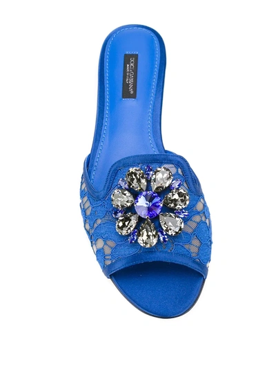 Dolce & Gabbana Embellished Corded Lace And Lizard-effect Leather Slides In Blue