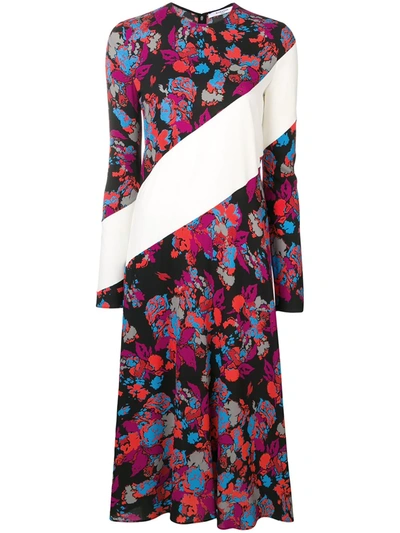 Givenchy Floral Asymmetric-striped Long-sleeve Midi Dress In Black