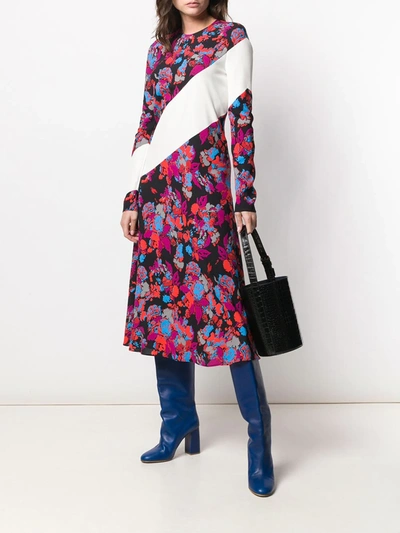 Givenchy Floral Asymmetric-striped Long-sleeve Midi Dress In Black