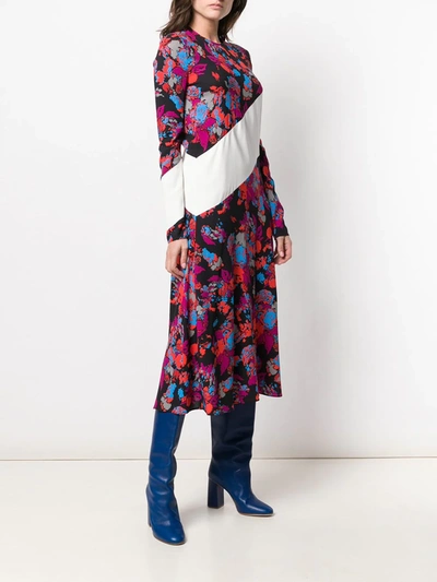 Givenchy Floral Asymmetric-striped Long-sleeve Midi Dress In Black
