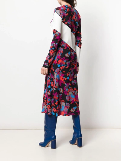 Givenchy Floral Asymmetric-striped Long-sleeve Midi Dress In Black