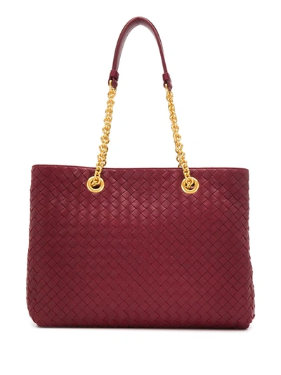 Shop Bottega Veneta Intrecciato Chain Strap Tote Bag In Red