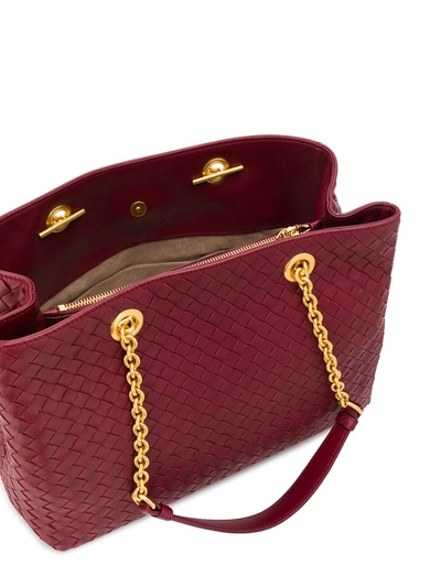 Shop Bottega Veneta Intrecciato Chain Strap Tote Bag In Red