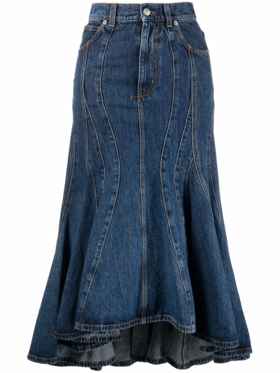 Shop Alexander Mcqueen Fluted Denim Skirt In Blue