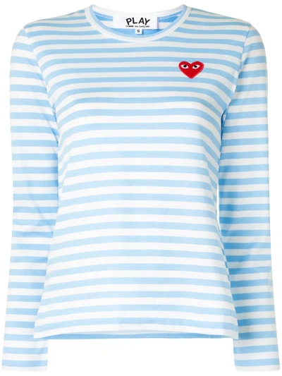 Shop Comme Des Garçons Play Striped Logo-patch Long Sleeved T-shirt In Blue