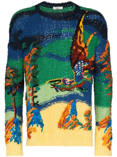 Shop Valentino Intarsia Knit Dragon Motif Jumper In Blue