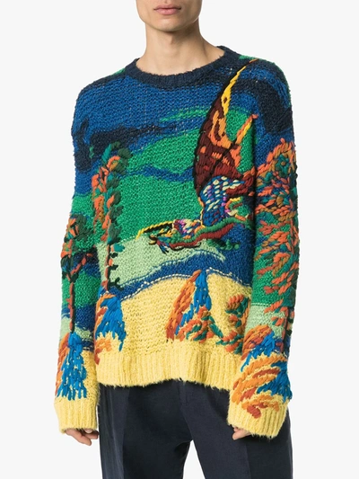 Shop Valentino Intarsia Knit Dragon Motif Jumper In Blue