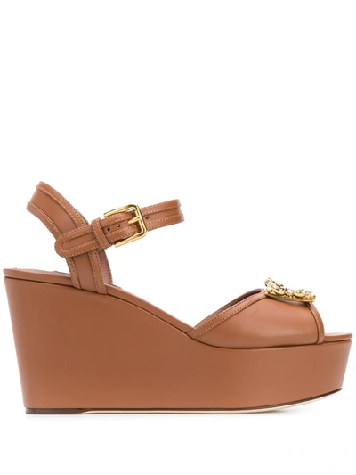 Shop Dolce & Gabbana Embellished Wedge Sandals In Brown