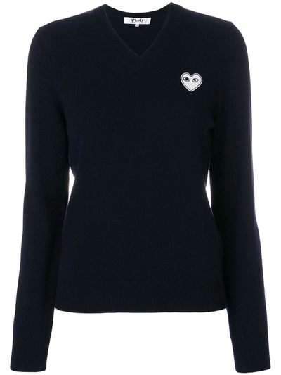 Comme Des Garçons Play V-neck Logo Patch Top In Blue