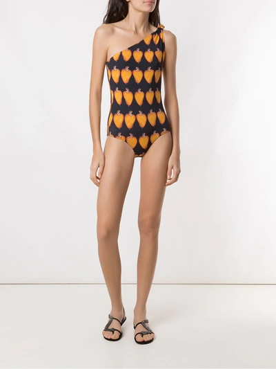 Shop Amir Slama Printed One Shoulder Swimsuit In Black