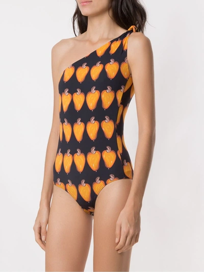 Shop Amir Slama Printed One Shoulder Swimsuit In Black