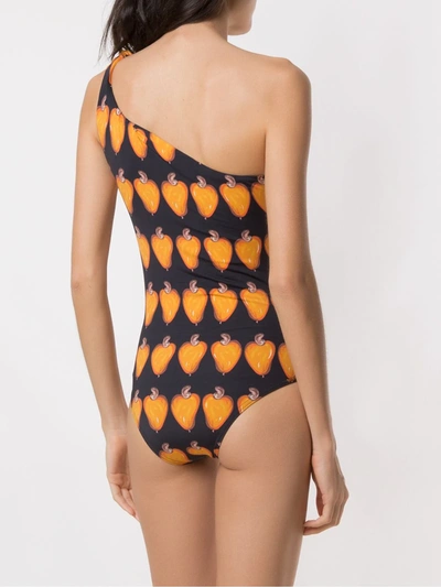 Shop Amir Slama Printed One Shoulder Swimsuit In Black