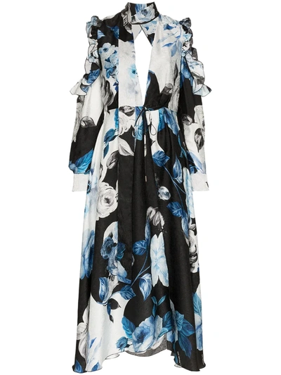 Off-white Cold-shoulder Floral-print Silk-moire Midi Dress In Blue