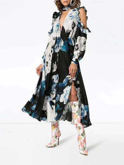 Off-white Cold-shoulder Floral-print Silk-moire Midi Dress In Blue