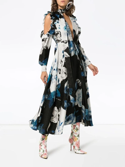 Off-white Cold-shoulder Floral-print Silk-moire Midi Dress In Blue
