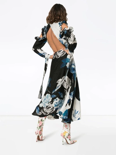 Off-white Cold-shoulder Floral-print Silk-moire Midi Dress In Blue