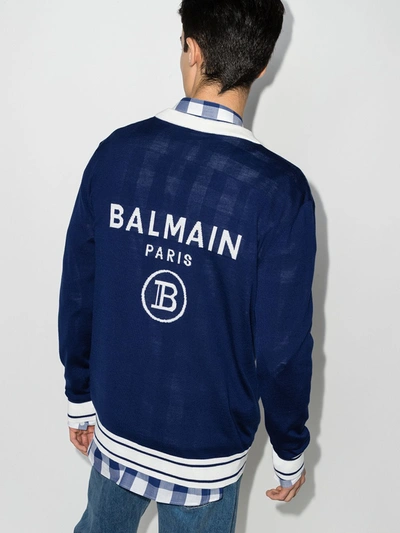 Shop Balmain Logo-intarsia V-neck Cardigan In Blue
