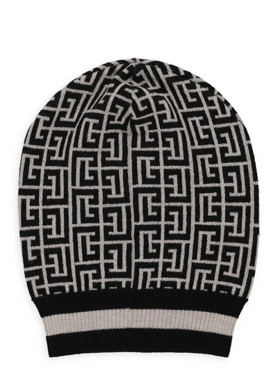 Shop Balmain Monogram Pattern Knit Beanie In Multi