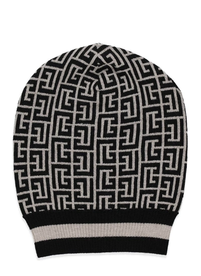 Shop Balmain Monogram Pattern Knit Beanie In Multi