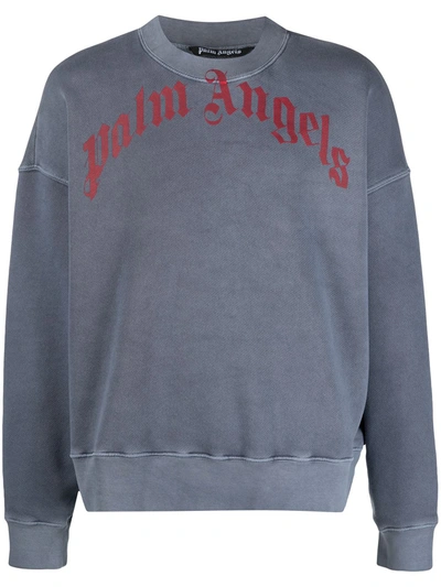 Shop Palm Angels Curved-logo Crew Neck Sweatshirt In Grey