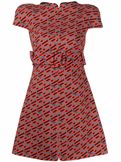 Shop Versace Greca Logo-print Minidress In Orange