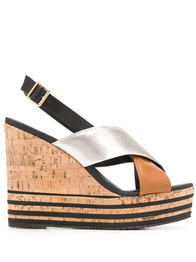 Hogan Wedge Sandals In Black, Beige And Silver In Brown