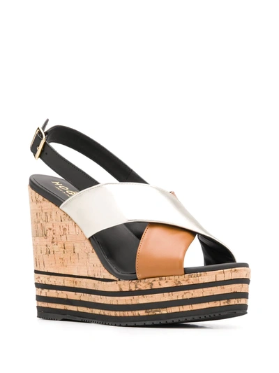 Hogan Wedge Sandals In Black, Beige And Silver In Brown
