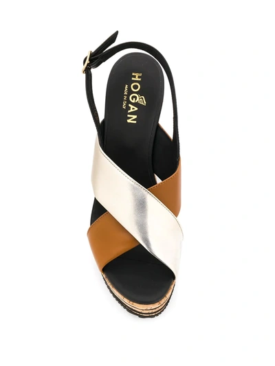 Hogan Wedge Sandals In Black, Beige And Silver In Brown