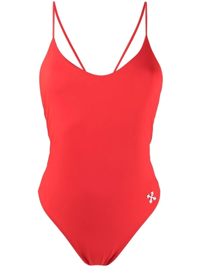 Shop Off-white Arrows Logo Strap Swimsuit In Red