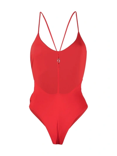 Shop Off-white Arrows Logo Strap Swimsuit In Red