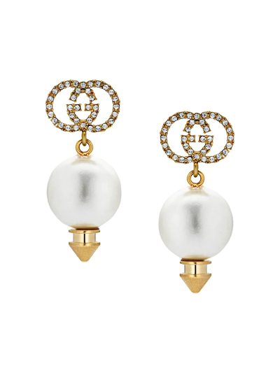 Shop Gucci Interlocking G Faux-pearl Drop Earrings In Gold