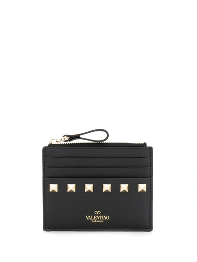 Shop Valentino Rockstud Zipped Leather Cardholder In Black