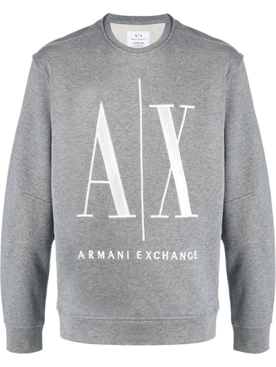 Shop Armani Exchange Crew Neck Logo Embroidered Sweatshirt In Grey