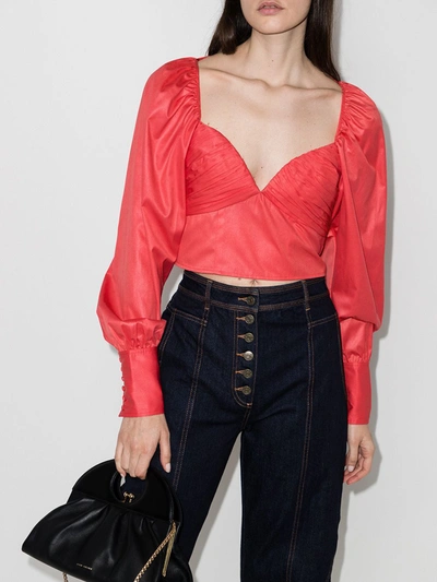 Rotate Birger Christensen Joni Cropped Gathered Shell Blouse In Red