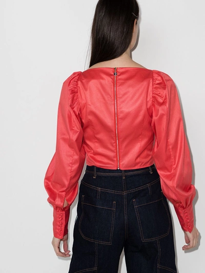 Rotate Birger Christensen Joni Cropped Gathered Shell Blouse In Red