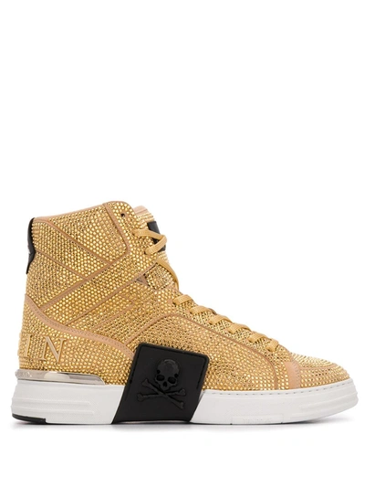 Shop Philipp Plein Rhinestone-embellished High-top Sneakers In Gold